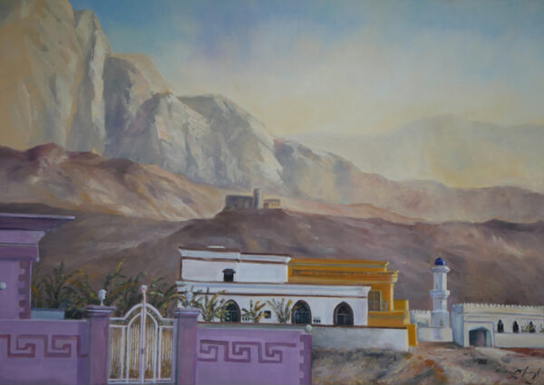 Small Mosque and Villas with purple wall in Oman