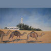 Camels in the desert (in Dubai with a small white mosque)