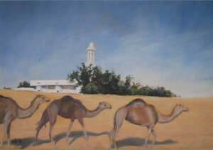 Camels in the desert (in Dubai with a small white mosque)